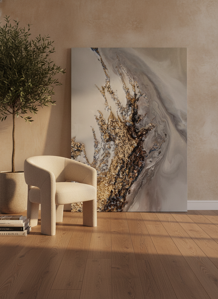 Stretched canvas wall art leaning against the wall in a luxe dining room