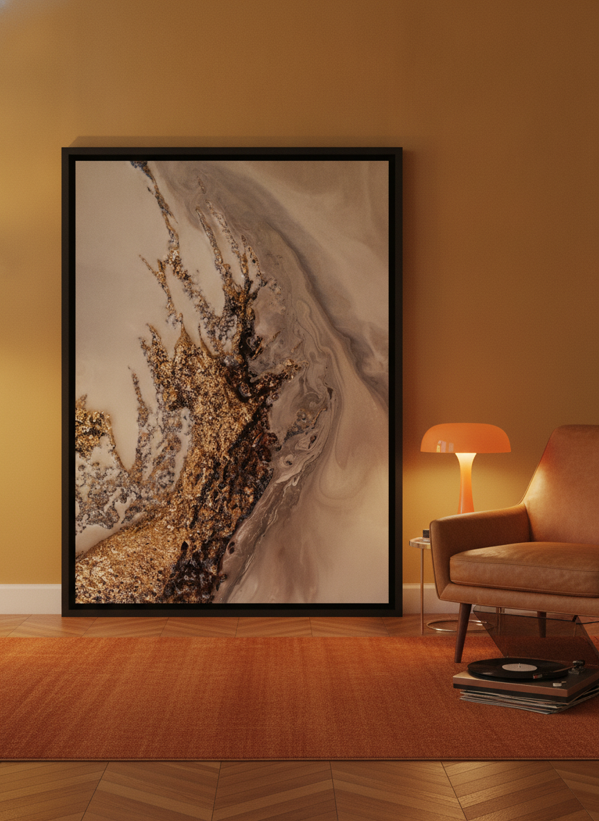 Canvas wall art with a black surround leaning against the wall in a retro 70s home office