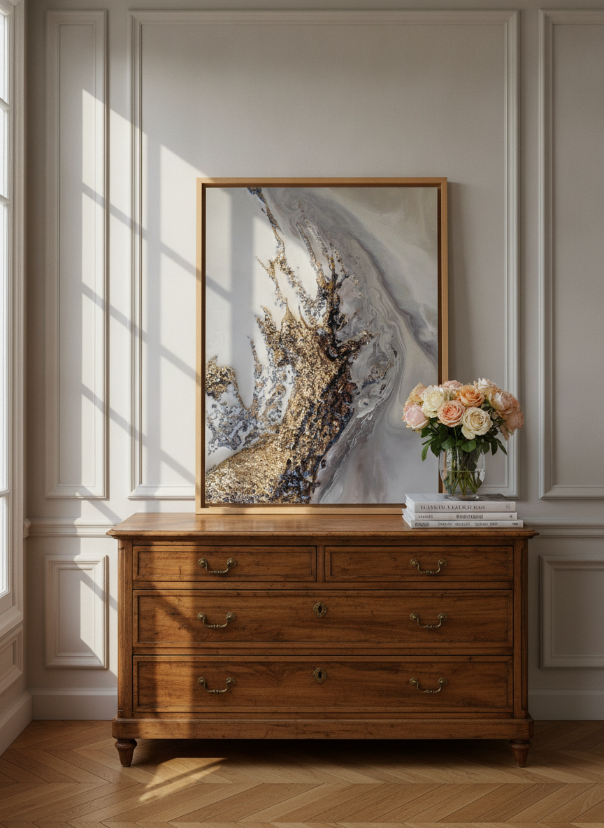 Modern wall art print standing on a sideboard in a Parisian home office