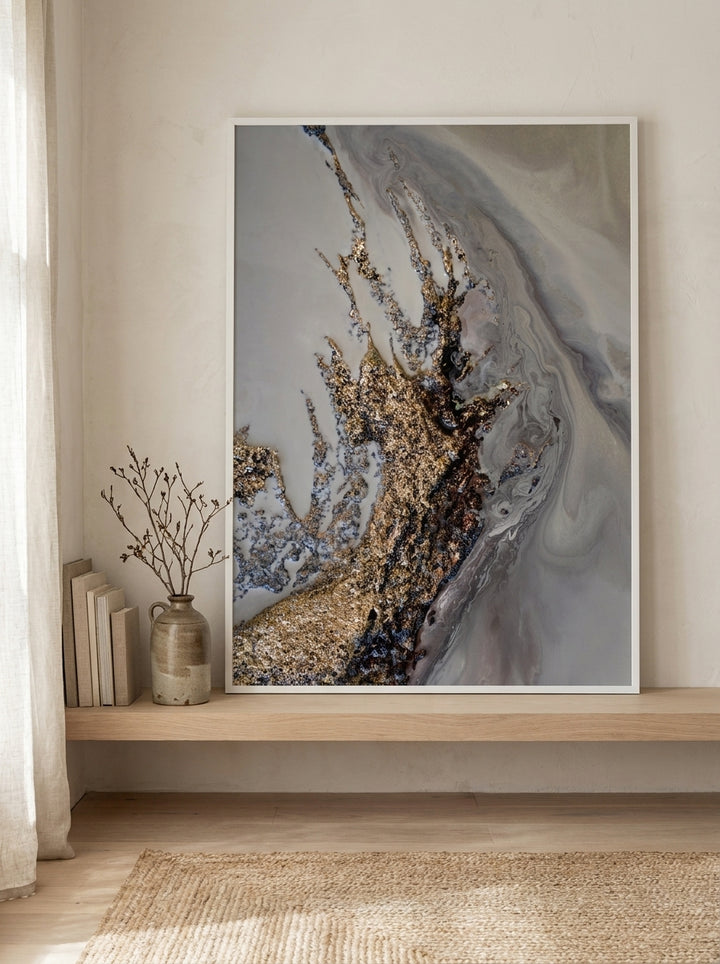 Modern wall art print standing on a shelf in a warm Japandi living room
