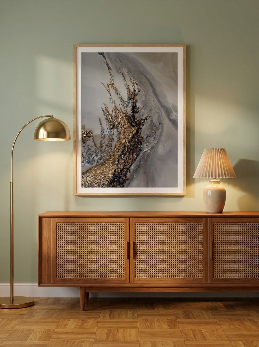 Modern wall art print styled on the wall in a mid-century living room