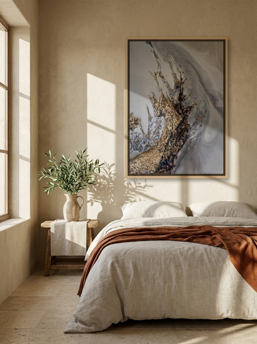 Canvas wall art with a natural timber surround styled on the wall in a Mediterranean bedroom