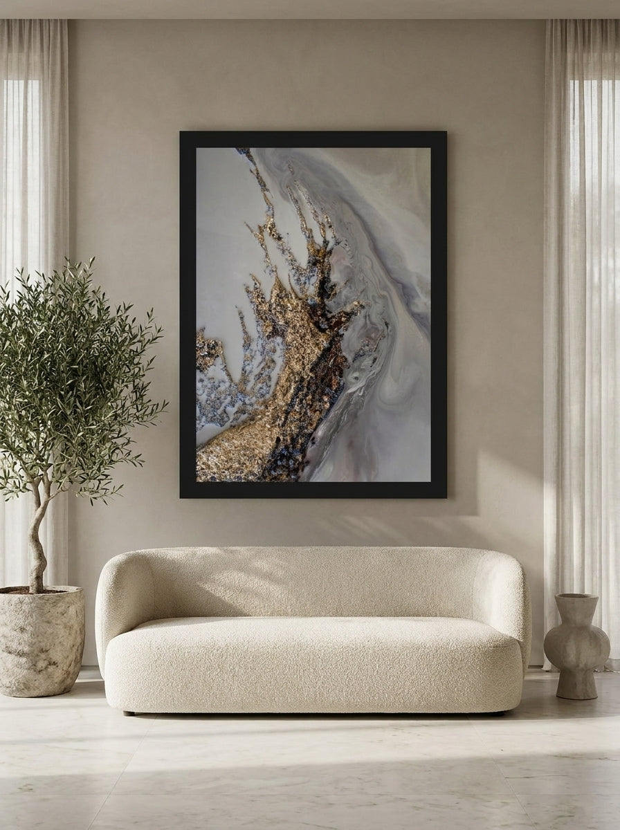 Oversized statement modern wall art print styled on the wall in a luxe living room