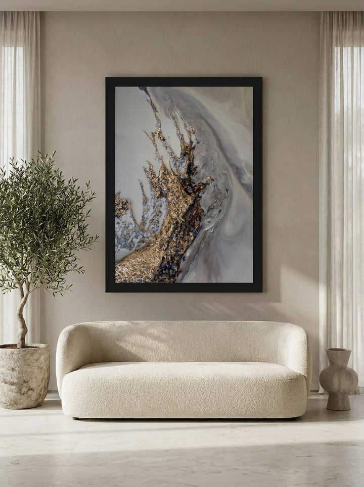 Oversized statement modern wall art print styled on the wall in a luxe living room