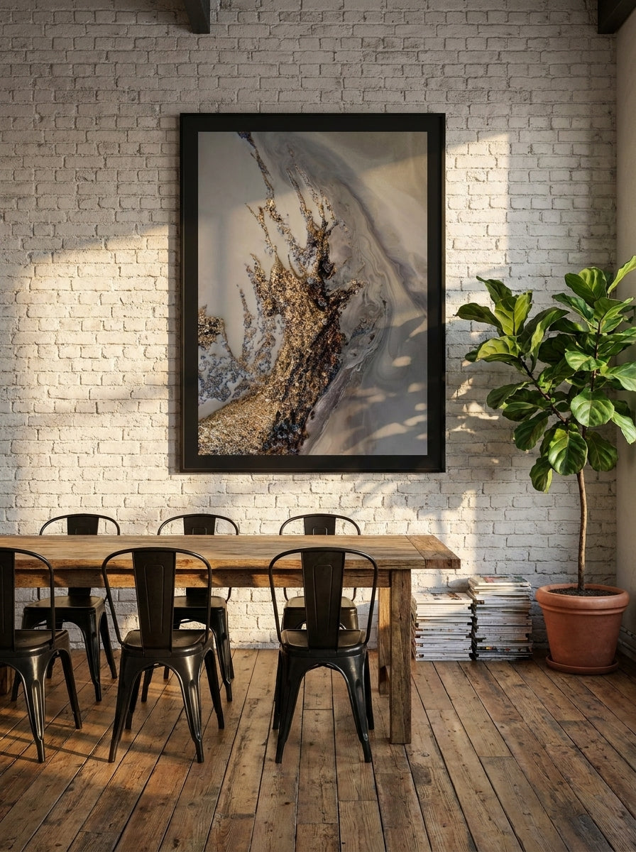 Oversized statement modern wall art print styled on the wall in an industrial loft dining room