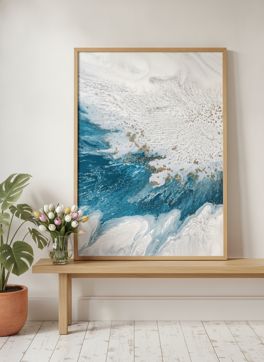 Modern wall art print standing on a bench in a bright Scandinavian bathroom
