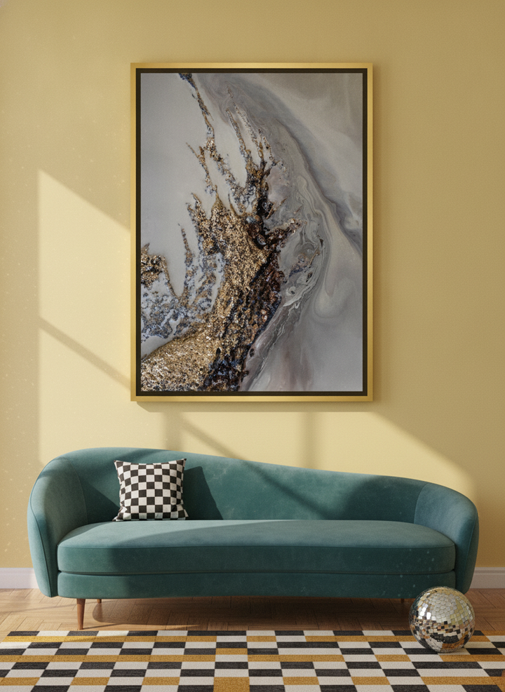 Canvas wall art with a gold leaf surround styled on the wall in a colourful eclectic living room