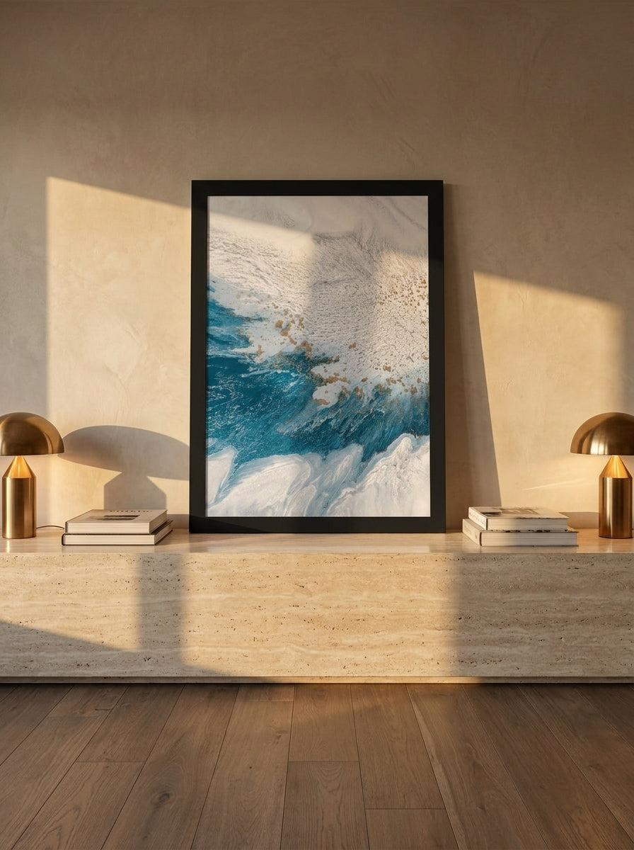 Modern wall art print standing on a console in a luxe bedroom