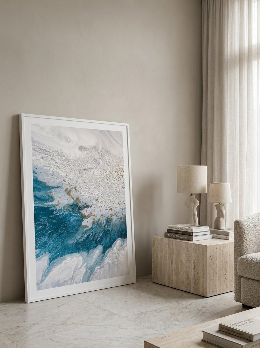 Oversized statement modern wall art print leaning against the wall in a luxe living room