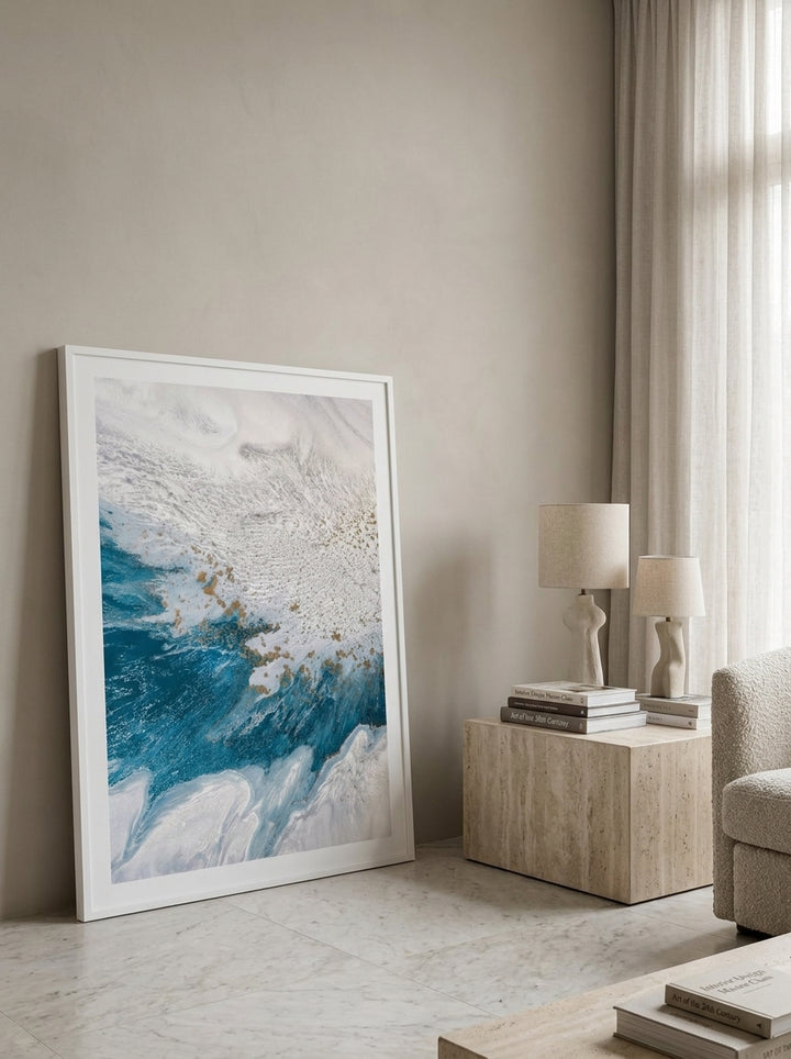 Oversized statement modern wall art print leaning against the wall in a luxe living room