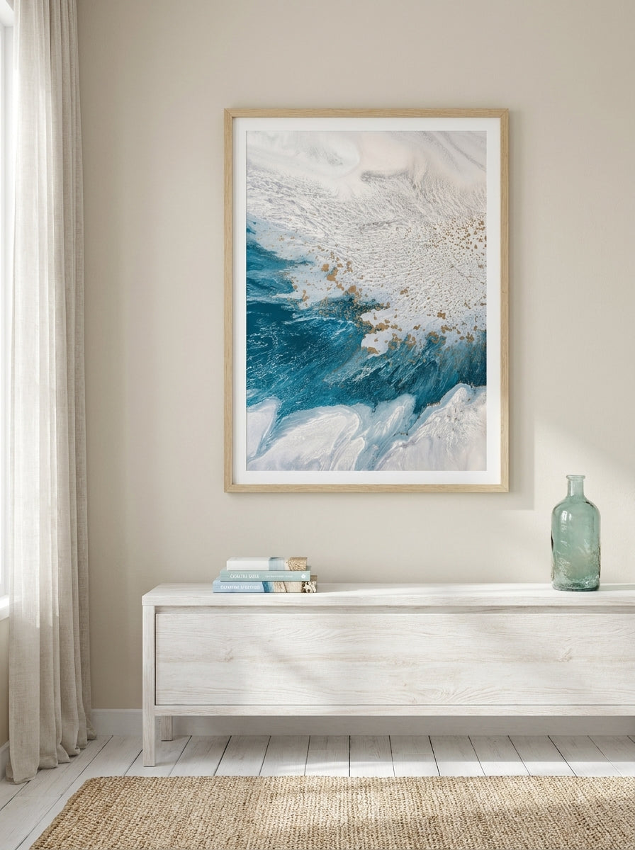 Modern wall art print styled on the wall in a coastal living room