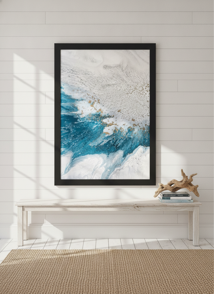 Oversized statement modern wall art print styled on the wall in a coastal living room
