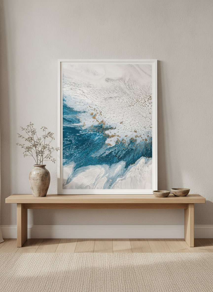 Modern wall art print standing on a bench in a warm Japandi home office