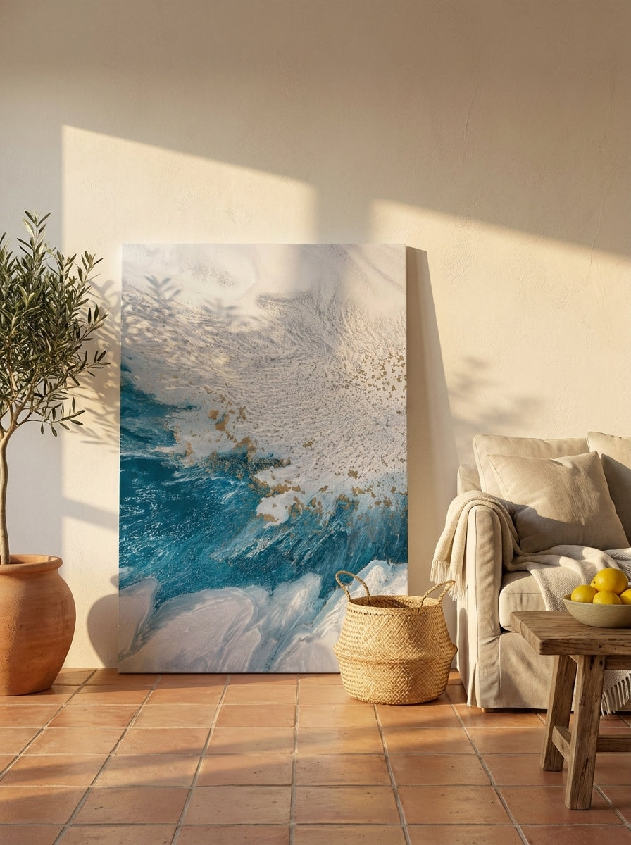 Stretched canvas wall art leaning against the wall in a Mediterranean living room