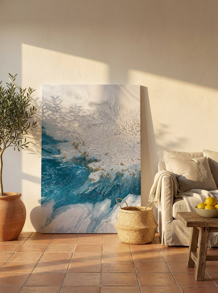 Stretched canvas wall art leaning against the wall in a Mediterranean living room