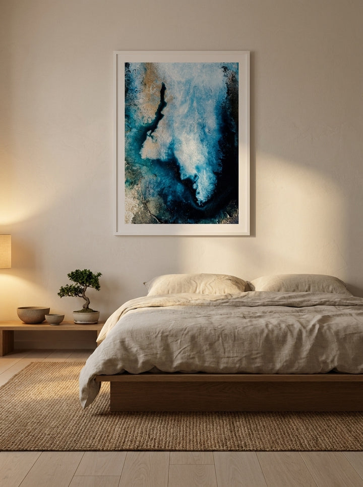 Modern wall art print styled on the wall in a warm Japandi bedroom