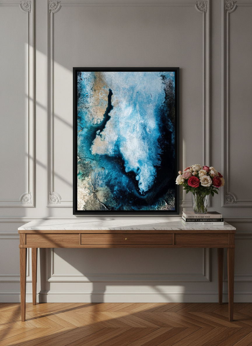 Canvas wall art with a black surround standing on a console in a Parisian bedroom