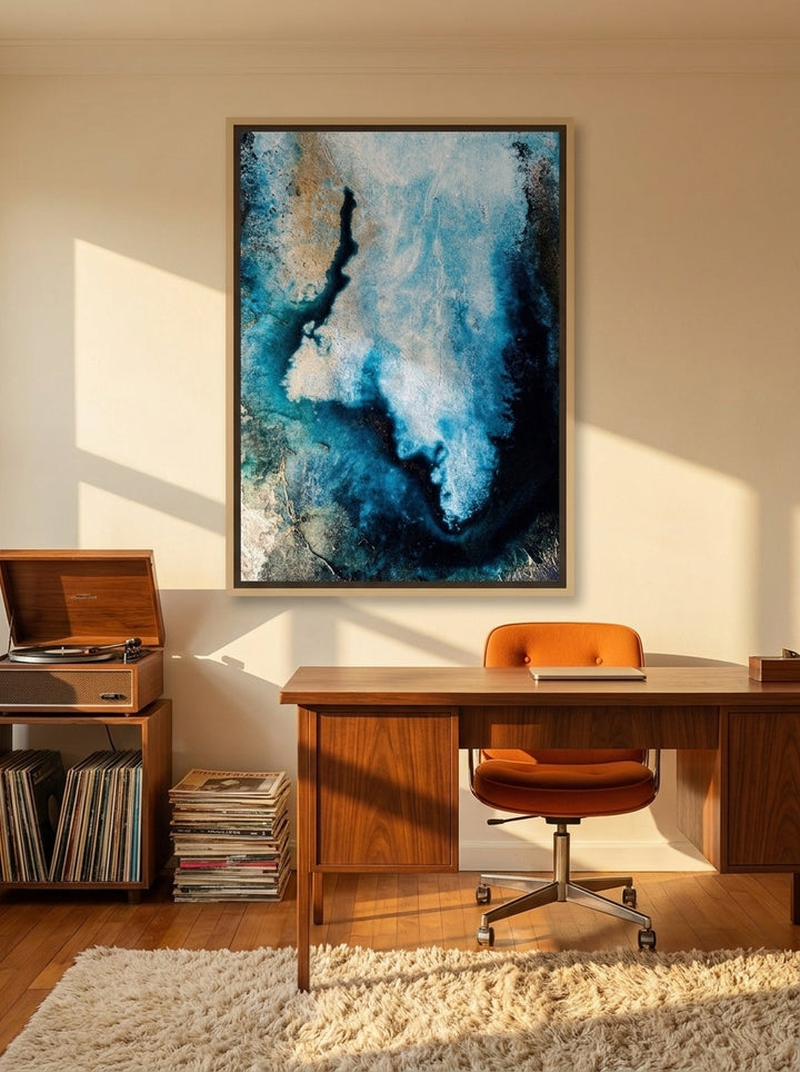Canvas wall art with a natural timber surround styled on the wall in a retro 70s home office