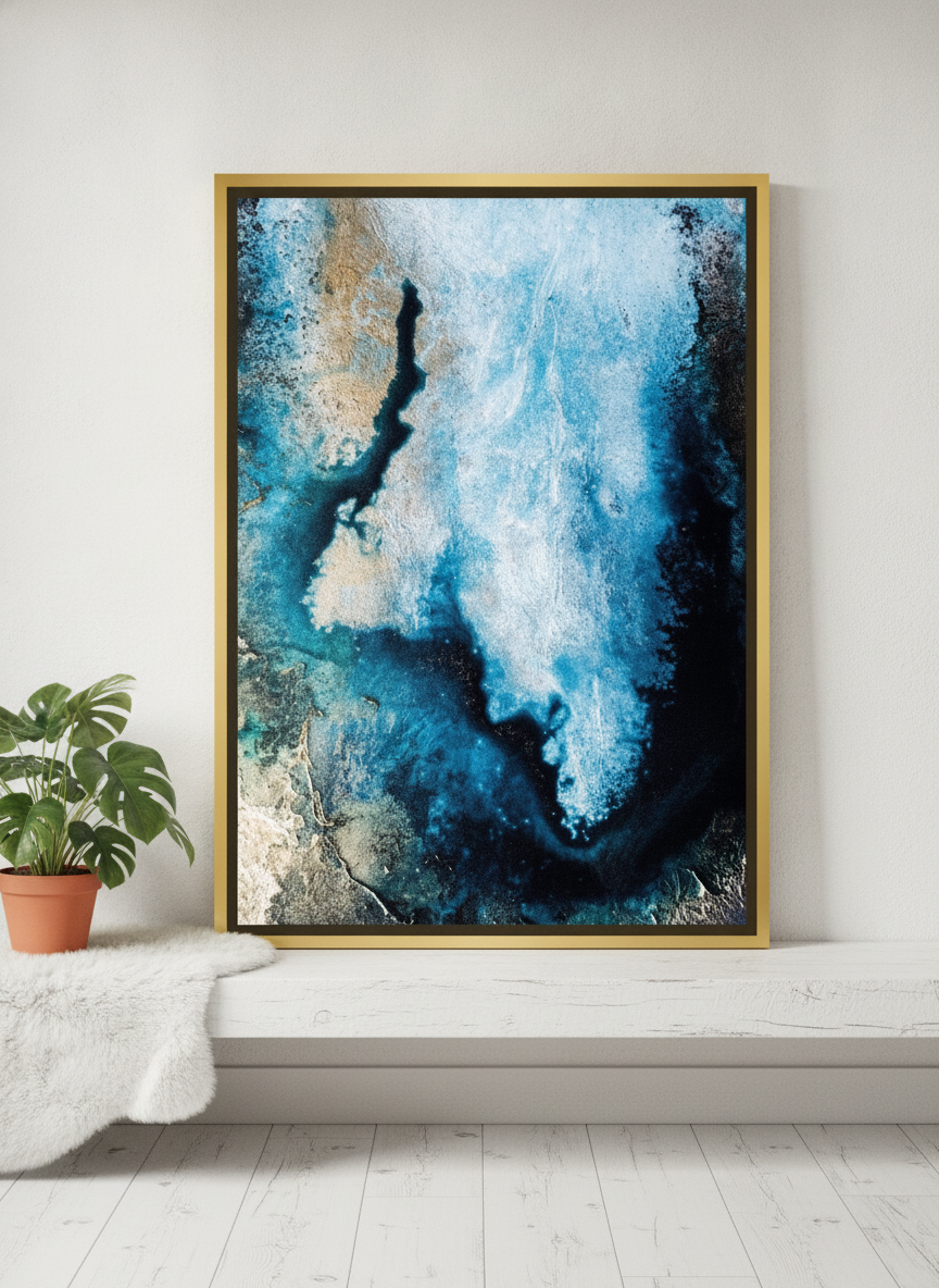Canvas wall art with a gold leaf surround standing on a shelf in a bright Scandinavian bathroom