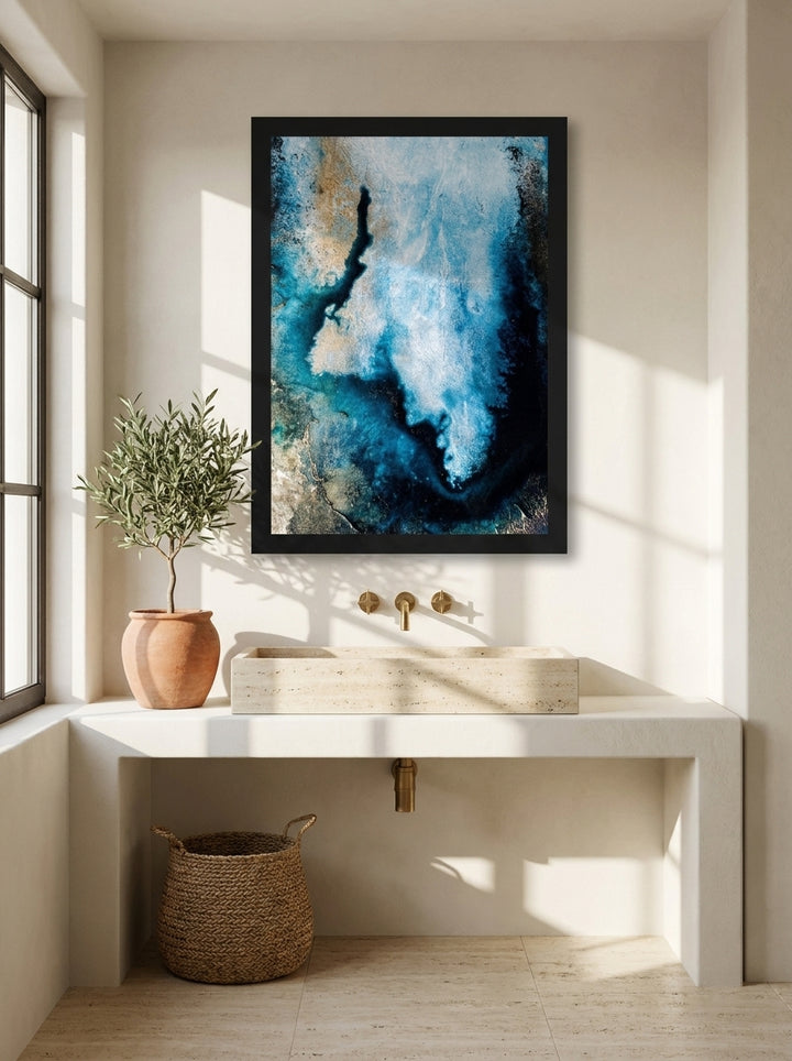 Modern wall art print styled on the wall in a Mediterranean bathroom