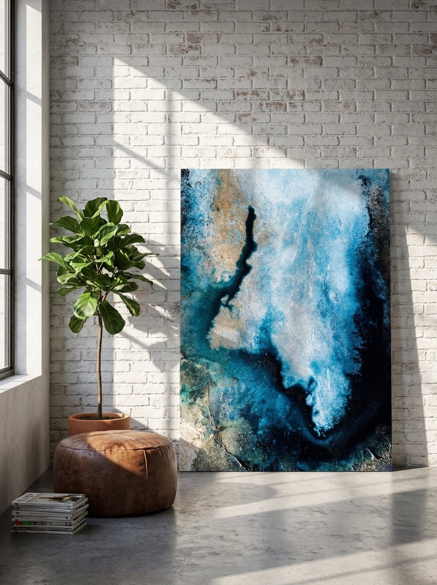 Stretched canvas wall art leaning against the wall in an industrial loft living room
