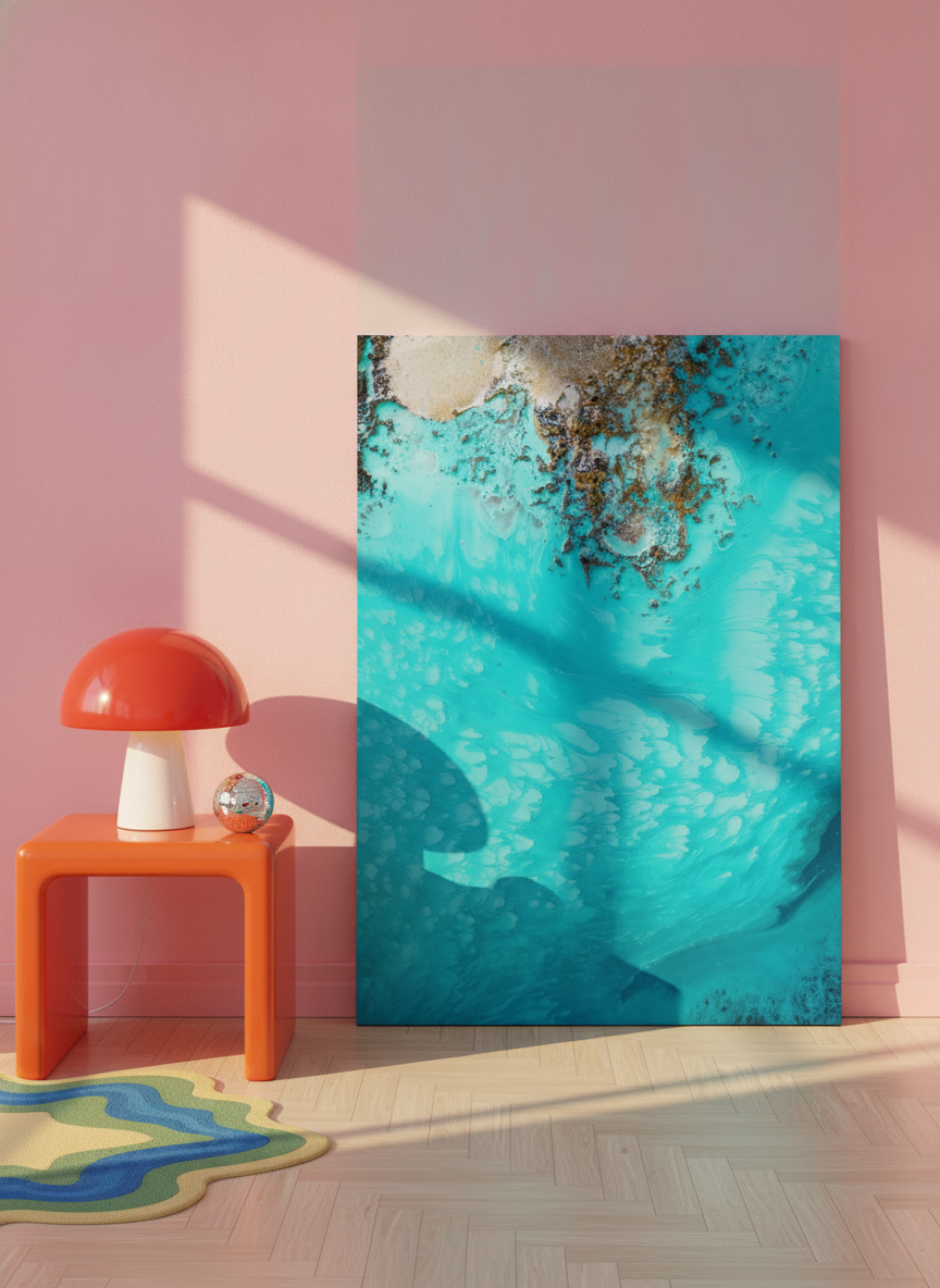 Stretched canvas wall art leaning against the wall in a colourful eclectic living room