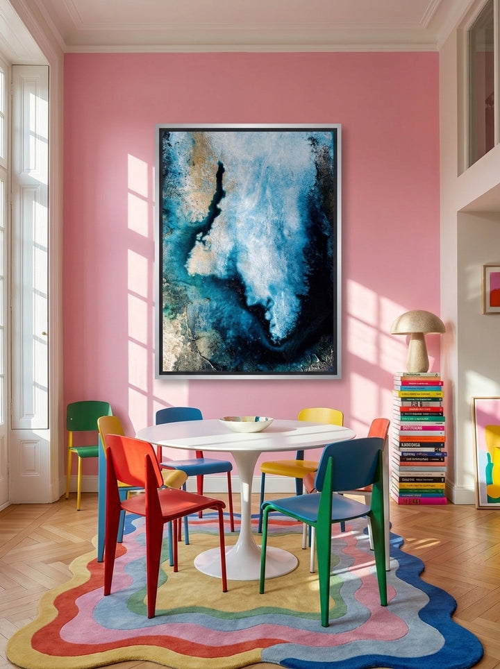 Oversized statement canvas wall art with a silver leaf surround styled on the wall in a colourful eclectic dining room