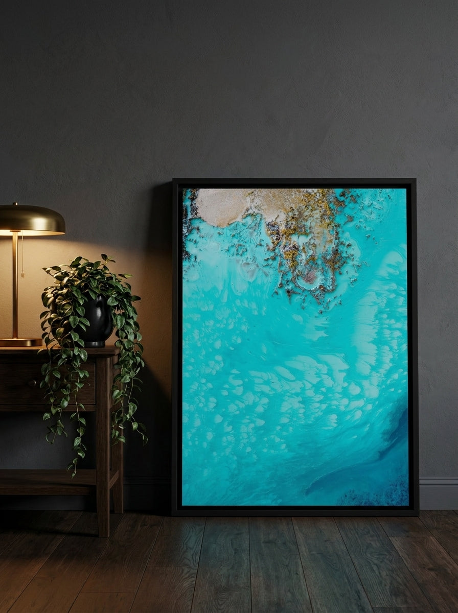 Canvas wall art with a black surround leaning against the wall in a moody bedroom