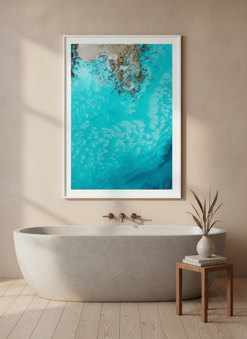 Modern wall art print styled on the wall in a warm Japandi bathroom