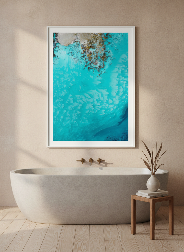 Modern wall art print styled on the wall in a warm Japandi bathroom