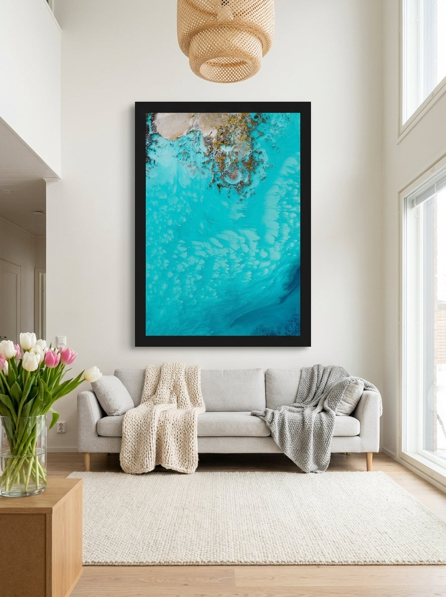 Oversized statement modern wall art print styled on the wall in a bright Scandinavian living room