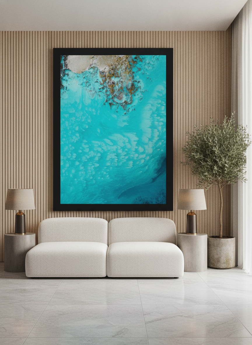 Oversized statement modern wall art print styled on the wall in a luxe living room