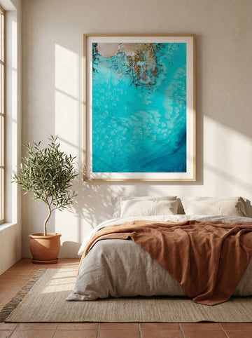 Modern wall art print styled on the wall in a Mediterranean bedroom