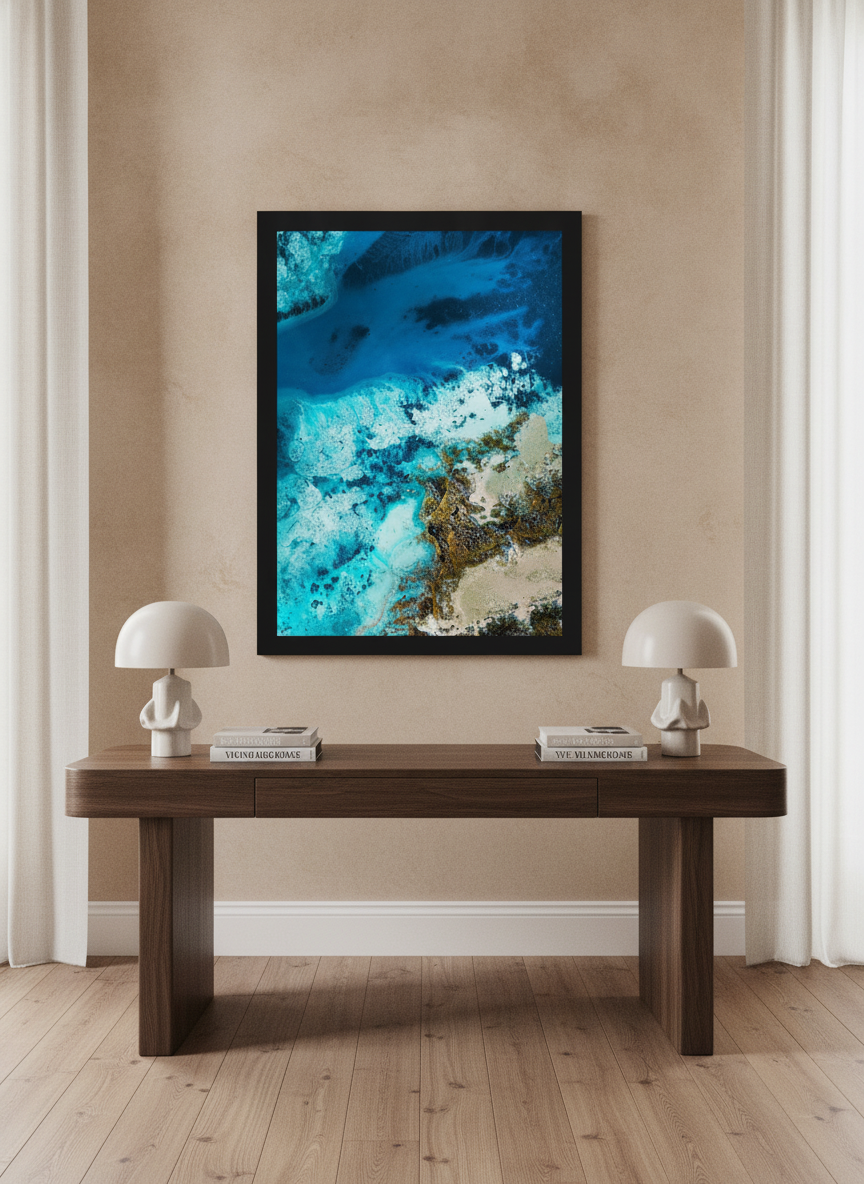 Modern wall art print styled on the wall in a luxe home office