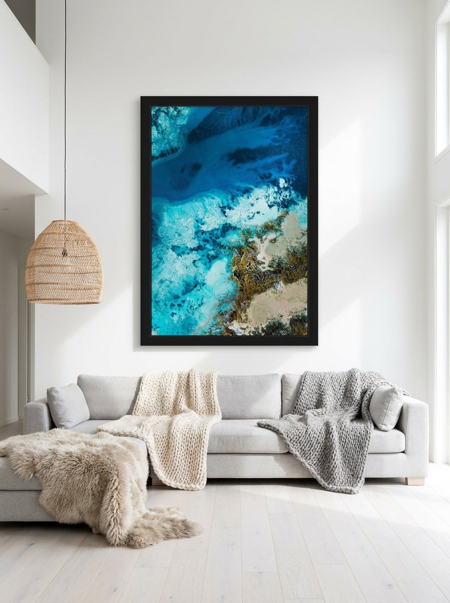 Oversized statement modern wall art print styled on the wall in a bright Scandinavian living room