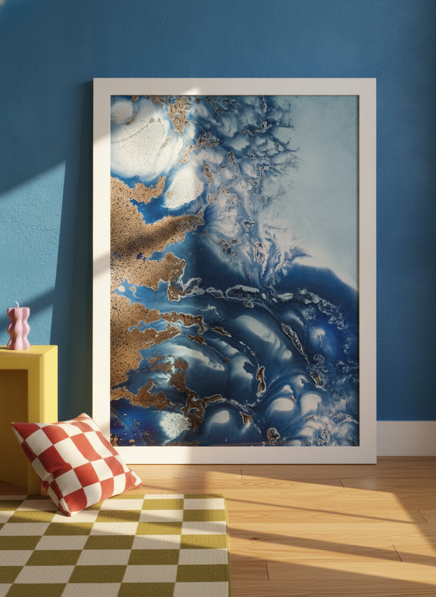 Oversized statement modern wall art print leaning against the wall in a colourful eclectic dining room