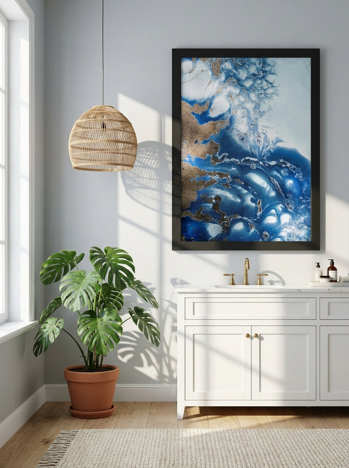 Modern wall art print styled on the wall in a bright Scandinavian bathroom