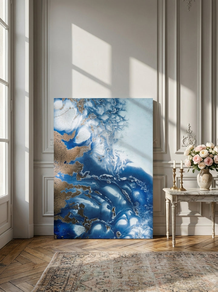 Stretched canvas wall art leaning against the wall in a Parisian living room