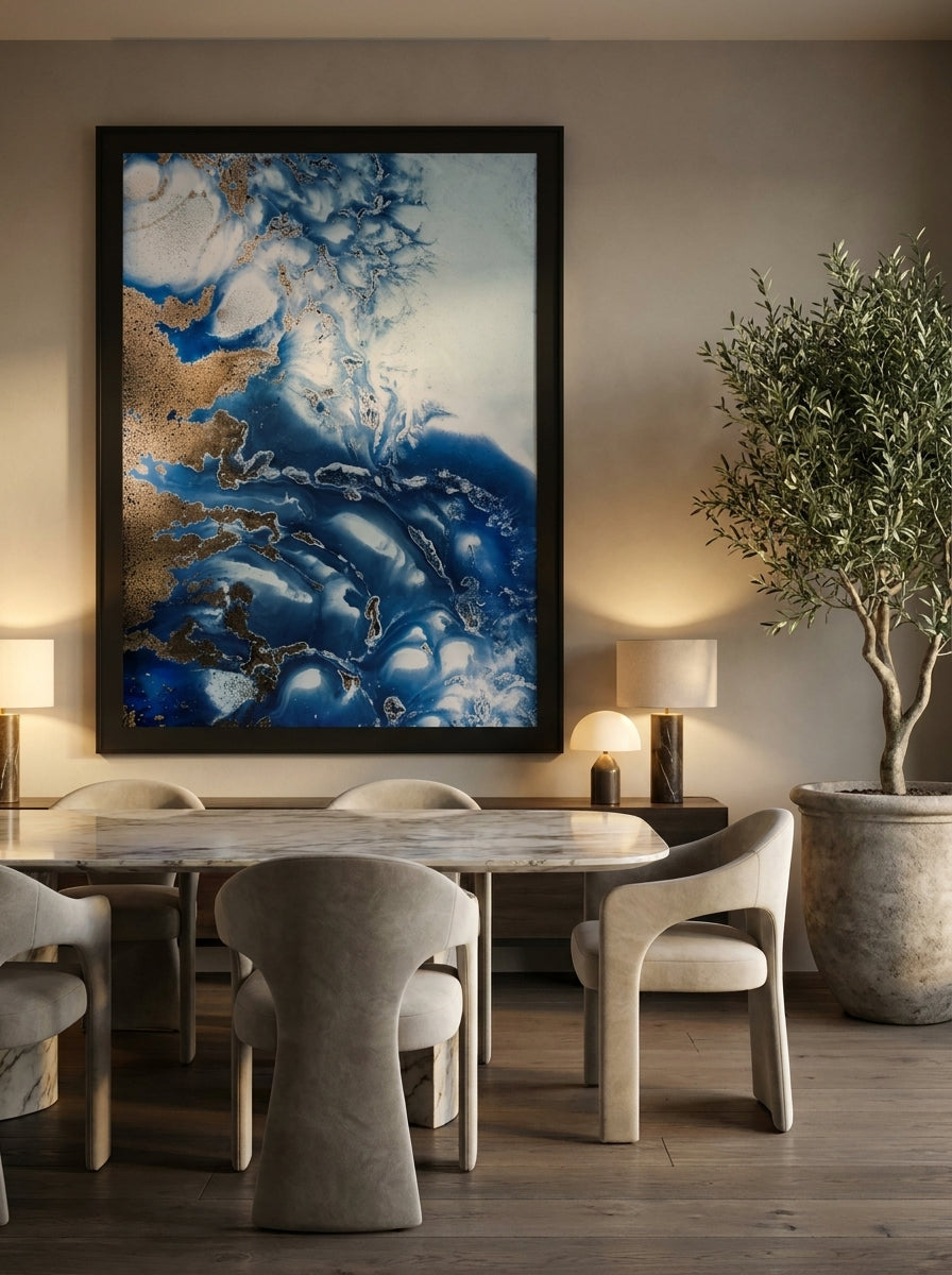 Oversized statement modern wall art print styled on the wall in a luxe dining room