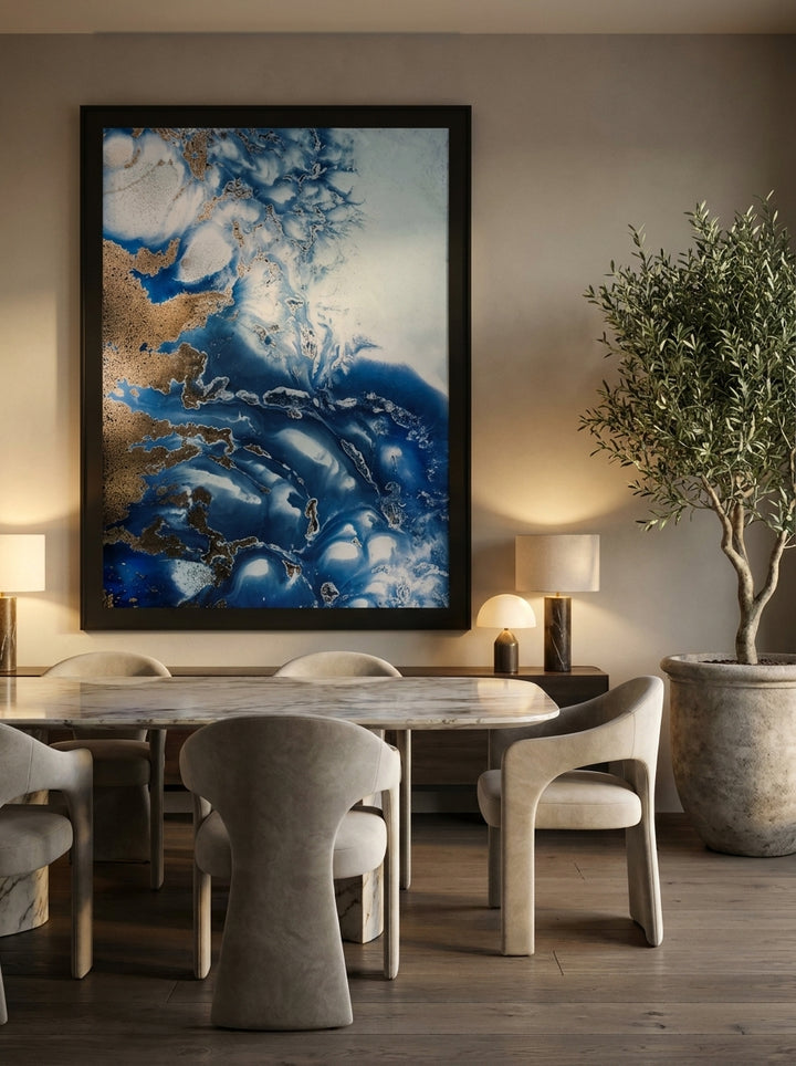 Oversized statement modern wall art print styled on the wall in a luxe dining room