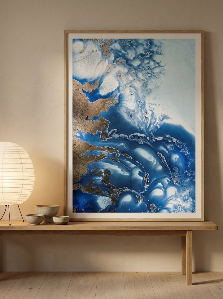 Modern wall art print standing on a bench in a warm Japandi home office