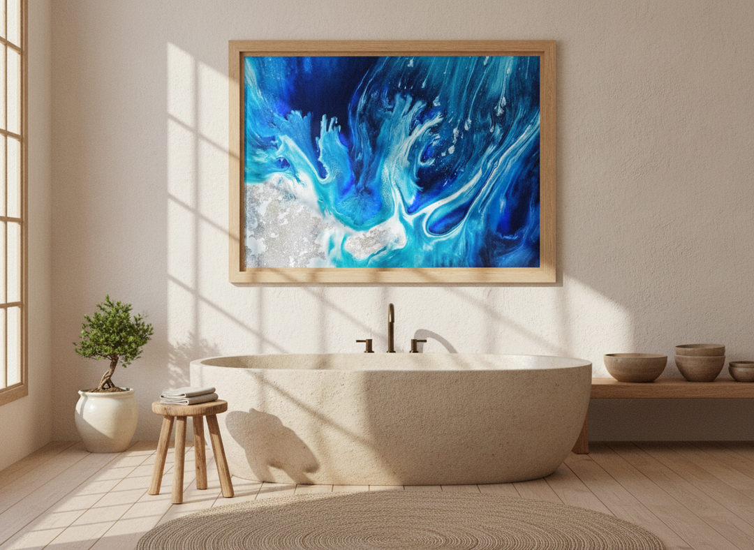 Modern wall art print styled on the wall in a warm Japandi bathroom