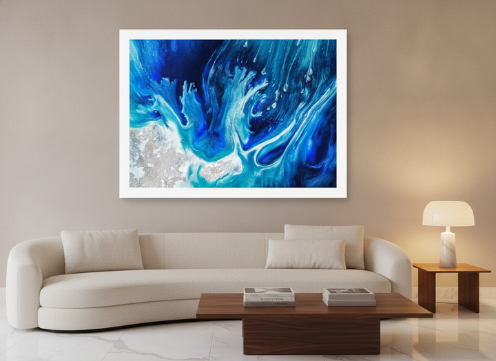Modern wall art print styled on the wall in a luxe living room