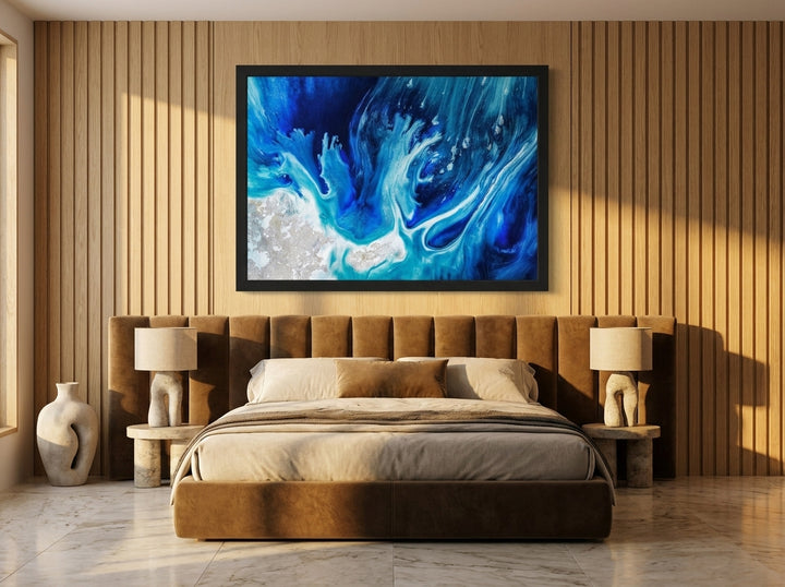 Oversized statement modern wall art print styled on the wall in a luxe bedroom