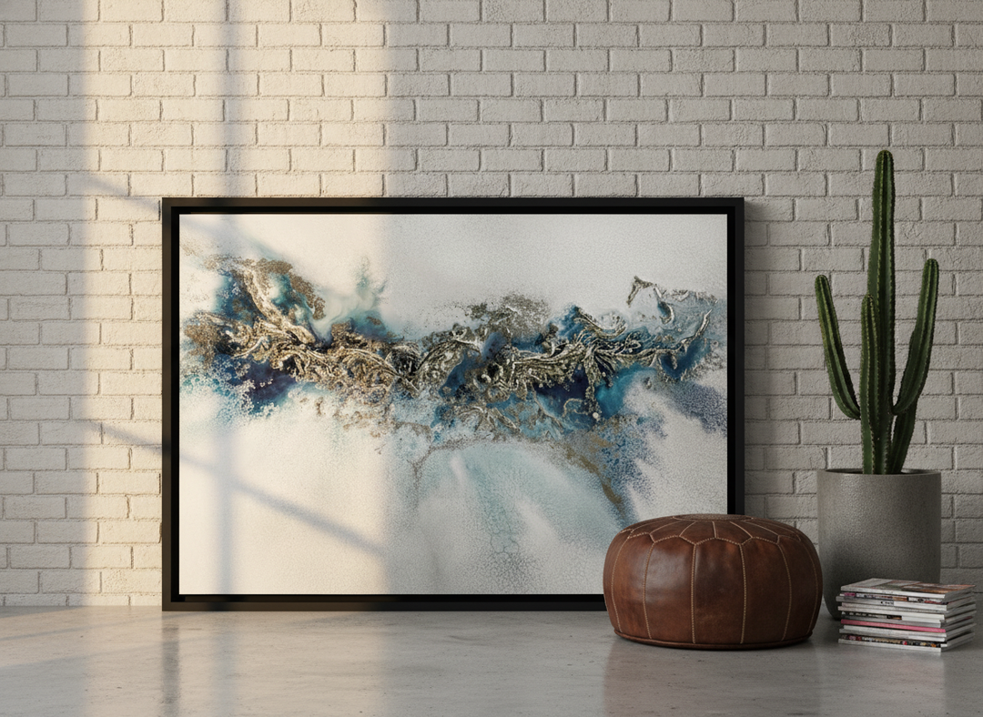 Canvas wall art with a black surround leaning against the wall in an industrial loft home office