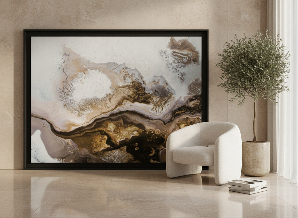 Oversized statement modern wall art print leaning against the wall in a luxe dining room
