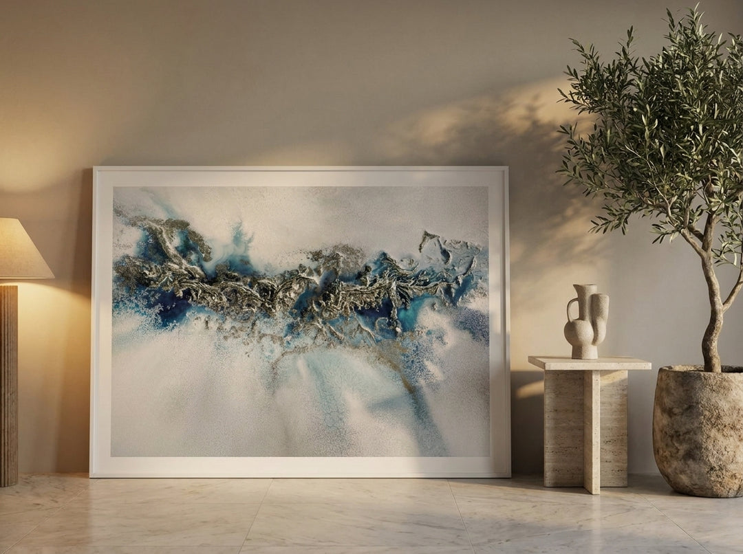 Oversized statement modern wall art print leaning against the wall in a luxe living room