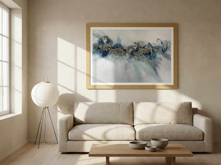 Modern wall art print styled on the wall in a warm Japandi living room