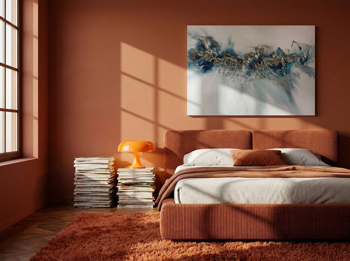 Stretched canvas wall art styled on the wall in a retro 70s bedroom