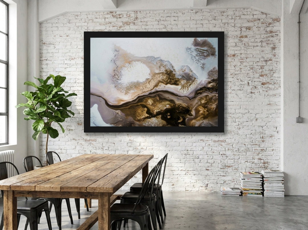 Oversized statement modern wall art print styled on the wall in an industrial loft dining room